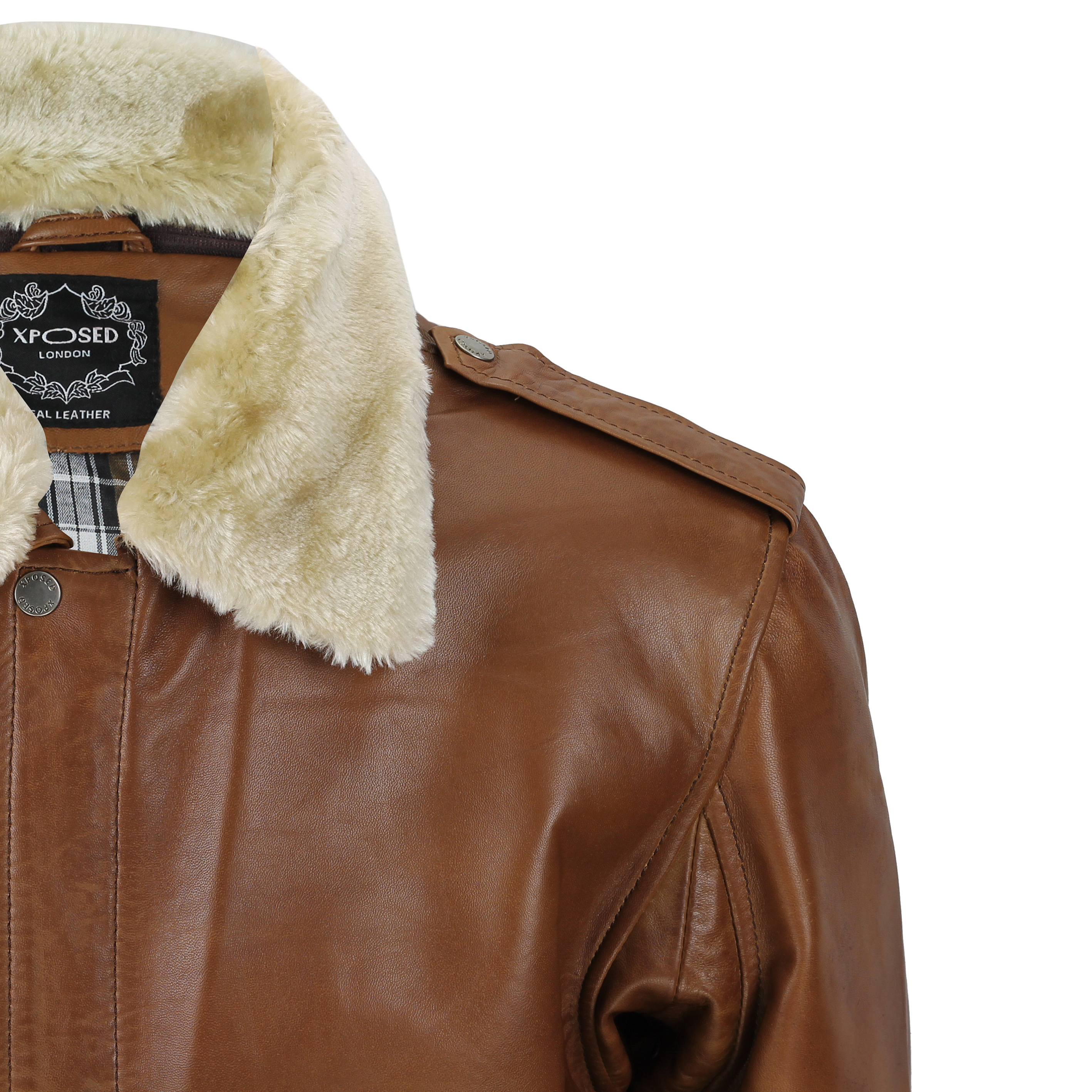 Mens Real Leather Tan Brown Vintage Pilot Removable Fur Collar Bomber Jacket